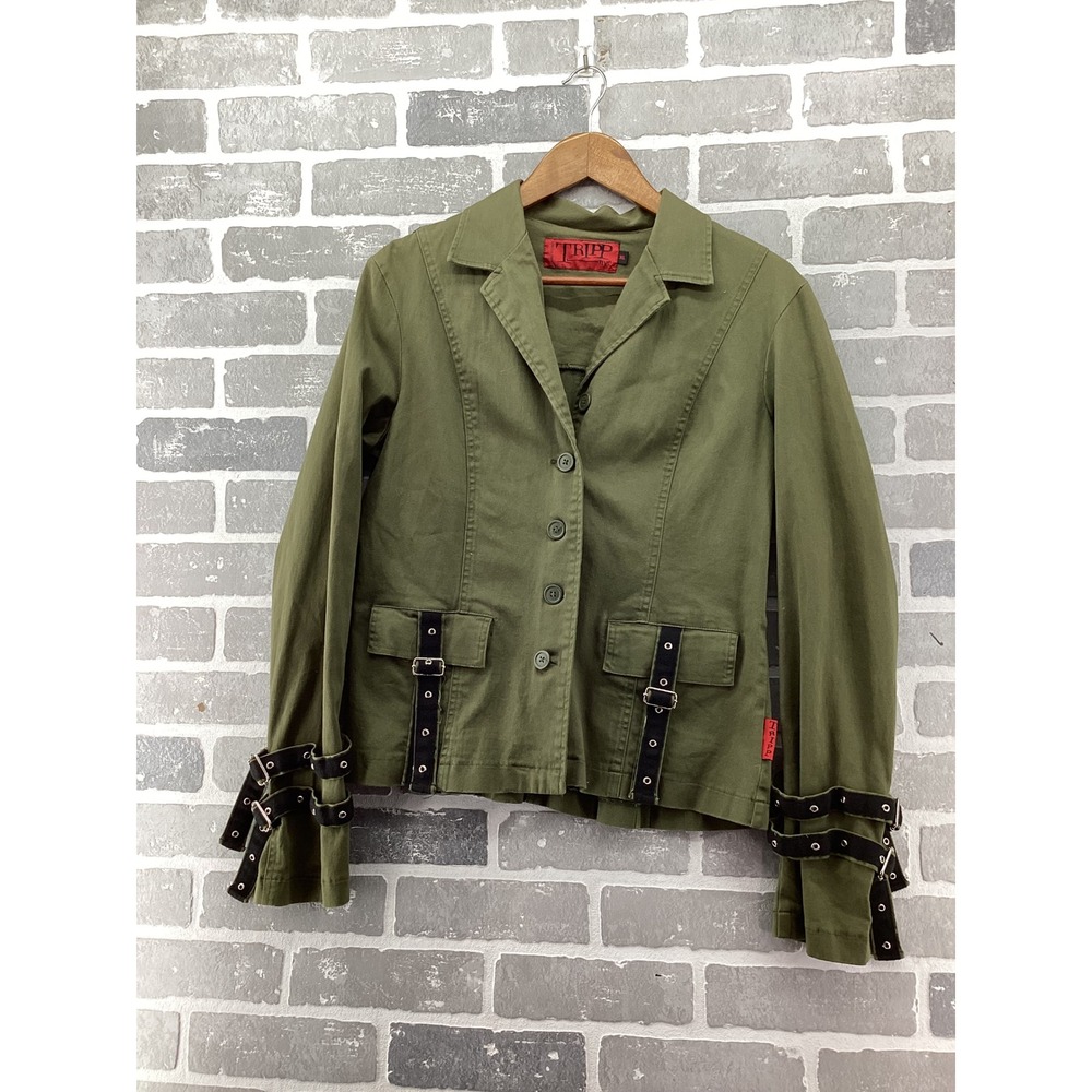 Tripp NYC Olive Green Y2K Utility Buckle Jacket Mall Goth IO3124 XL